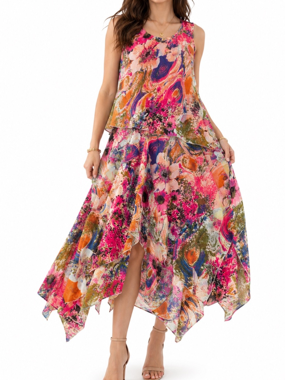 Women's Floral Multicolor Asymmetric Layered Dress - Vibrant Pink/Orange Print